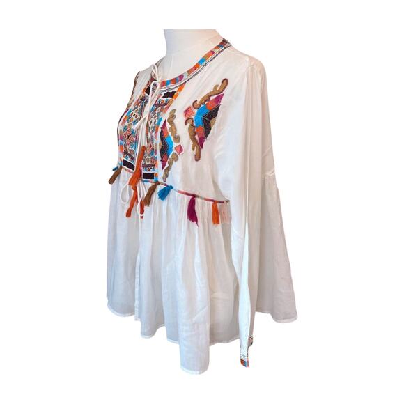 Anthropologie RD & Koko Embroidered Boho Peasant Top Tassel Tie Front M Beach - Picture 6 of 9